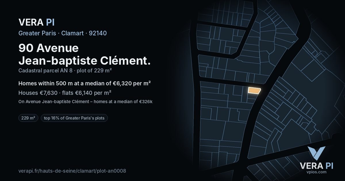 90 Avenue Jean-baptiste Clément, Clamart at night – the plot lit, the parcels around coloured by the prices near them