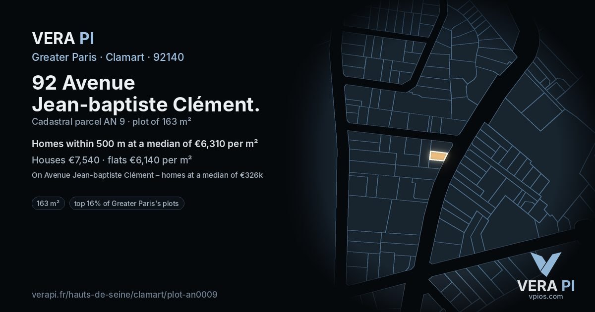92 Avenue Jean-baptiste Clément, Clamart at night – the plot lit, the parcels around coloured by the prices near them