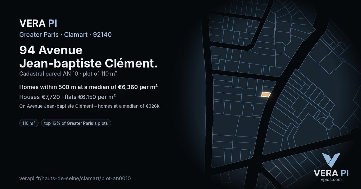 94 Avenue Jean-baptiste Clément, Clamart at night – the plot lit, the parcels around coloured by the prices near them