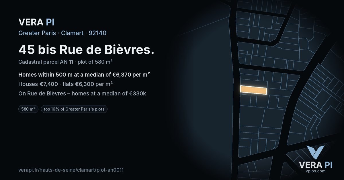 45 bis Rue de Bièvres, Clamart at night – the plot lit, the parcels around coloured by the prices near them