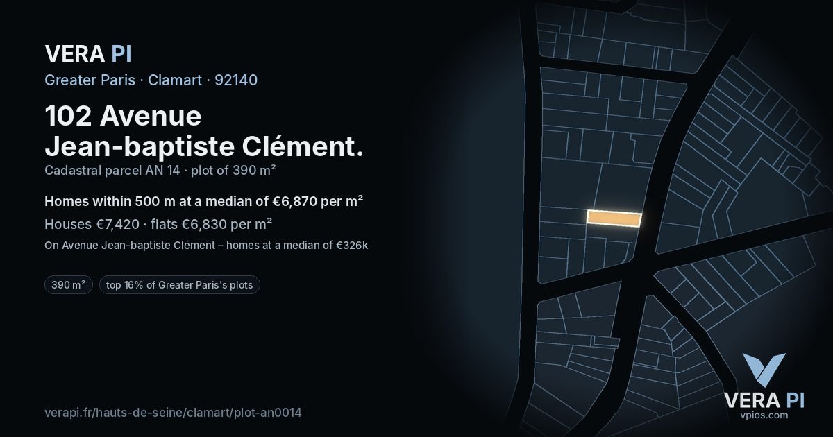 102 Avenue Jean-baptiste Clément, Clamart at night – the plot lit, the parcels around coloured by the prices near them