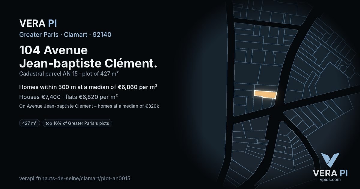 104 Avenue Jean-baptiste Clément, Clamart at night – the plot lit, the parcels around coloured by the prices near them