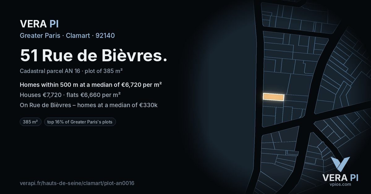 51 Rue de Bièvres, Clamart at night – the plot lit, the parcels around coloured by the prices near them