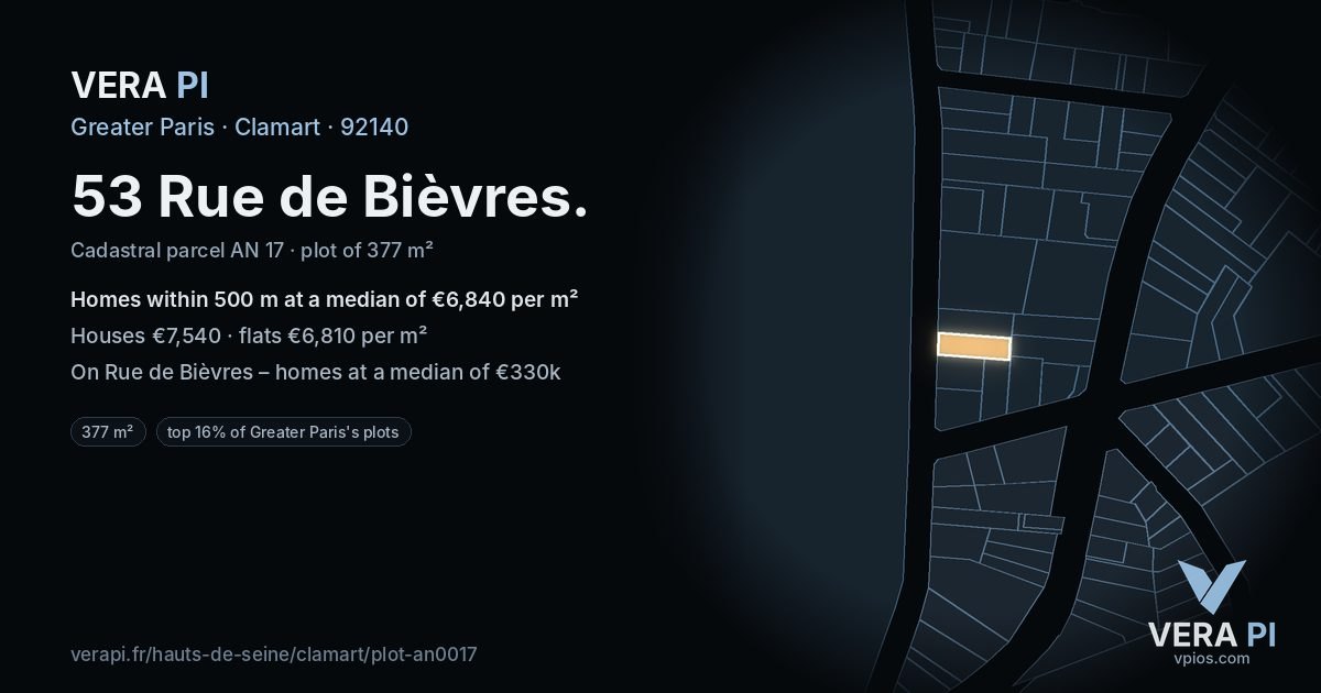 53 Rue de Bièvres, Clamart at night – the plot lit, the parcels around coloured by the prices near them
