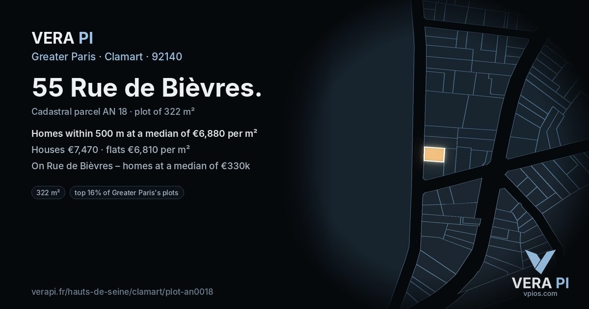 55 Rue de Bièvres, Clamart at night – the plot lit, the parcels around coloured by the prices near them