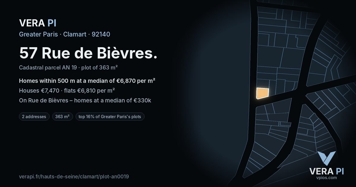 57 Rue de Bièvres, Clamart at night – the plot lit, the parcels around coloured by the prices near them