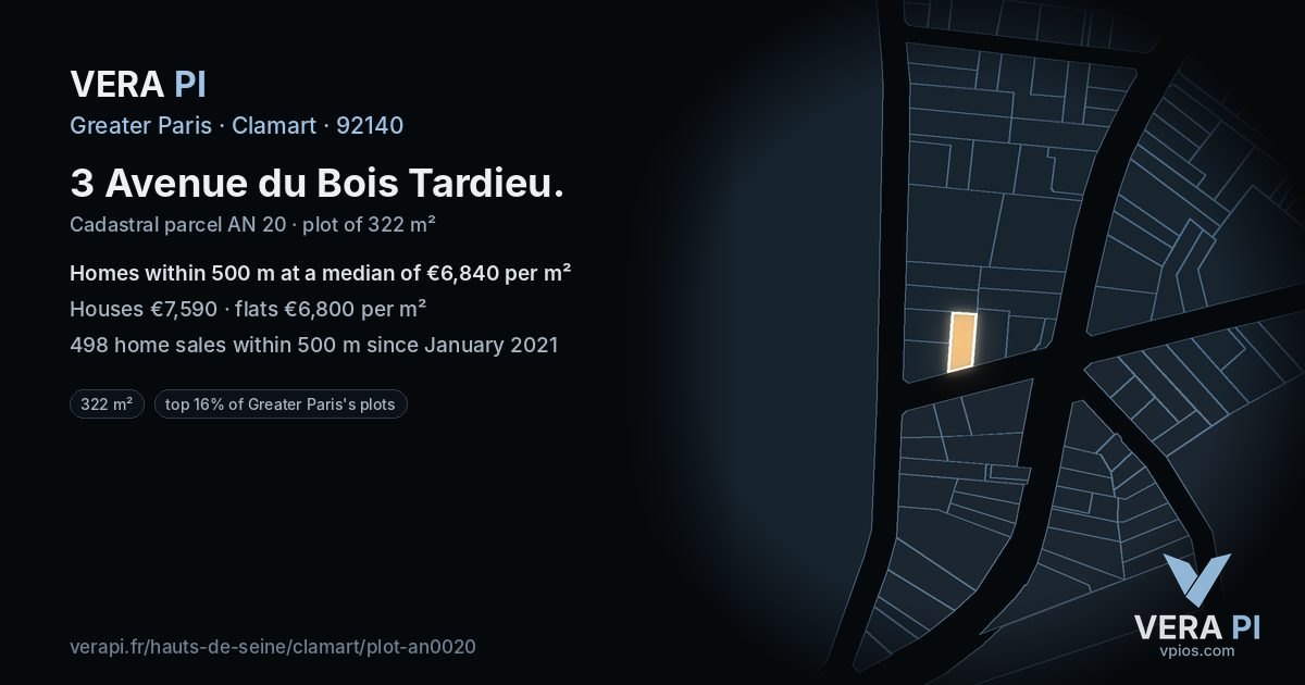 3 Avenue du Bois Tardieu, Clamart at night – the plot lit, the parcels around coloured by the prices near them