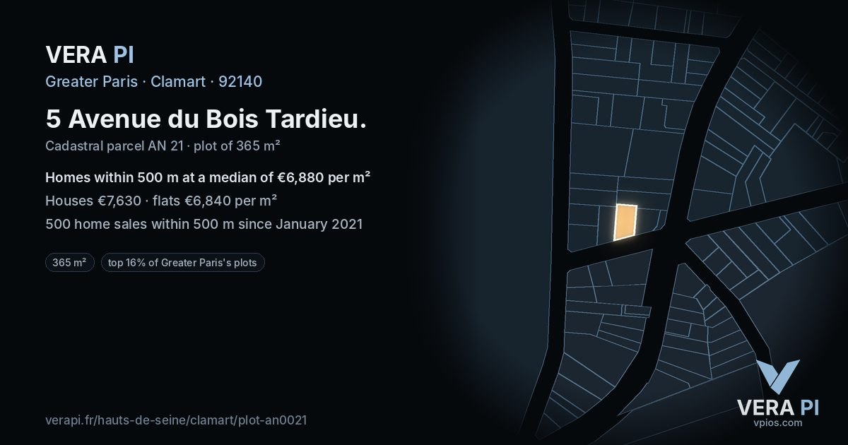 5 Avenue du Bois Tardieu, Clamart at night – the plot lit, the parcels around coloured by the prices near them