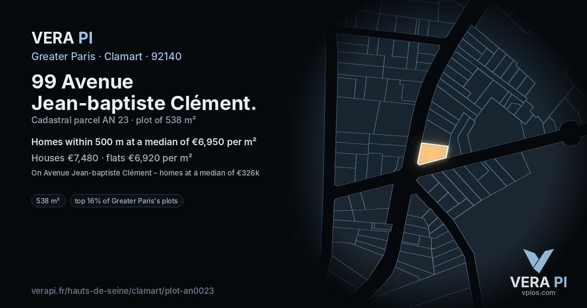 99 Avenue Jean-baptiste Clément, Clamart at night – the plot lit, the parcels around coloured by the prices near them
