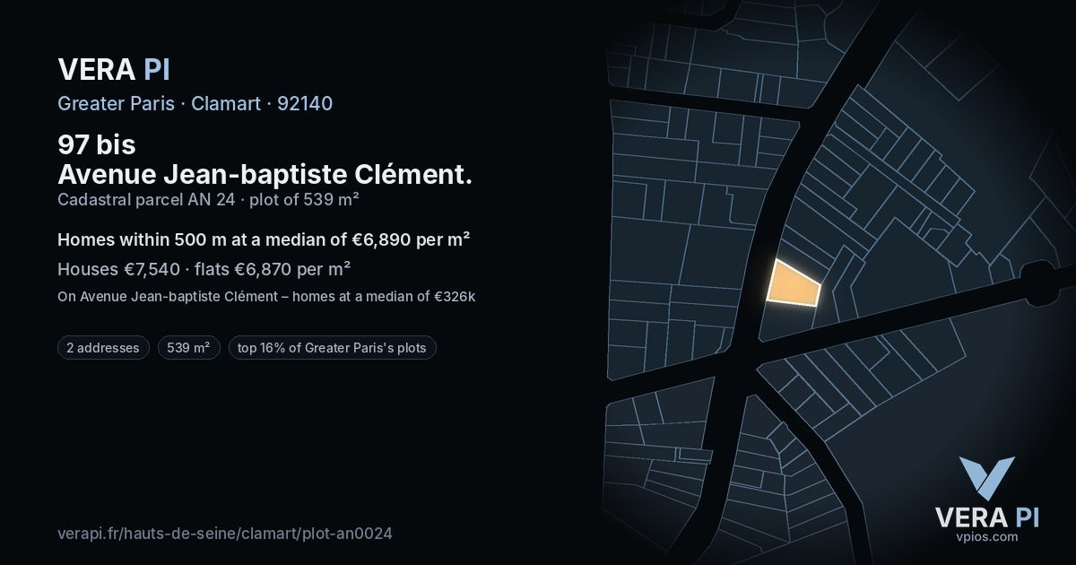 97 bis Avenue Jean-baptiste Clément, Clamart at night – the plot lit, the parcels around coloured by the prices near them