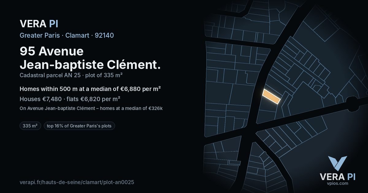 95 Avenue Jean-baptiste Clément, Clamart at night – the plot lit, the parcels around coloured by the prices near them