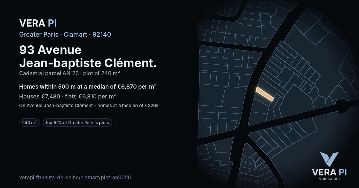 93 Avenue Jean-baptiste Clément, Clamart at night – the plot lit, the parcels around coloured by the prices near them