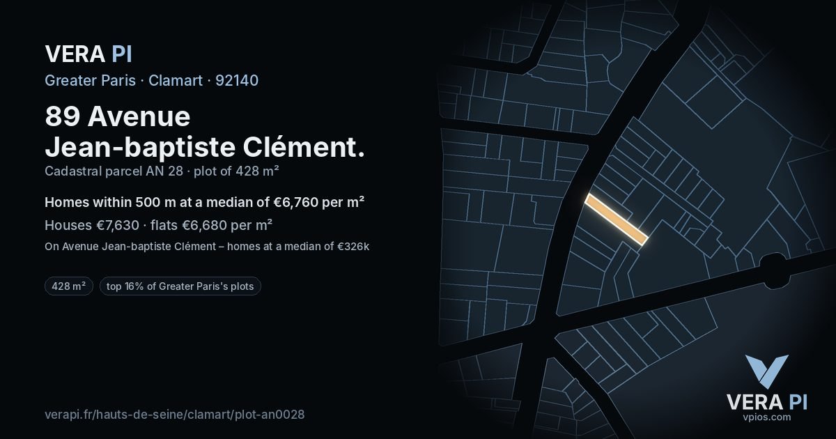 89 Avenue Jean-baptiste Clément, Clamart at night – the plot lit, the parcels around coloured by the prices near them