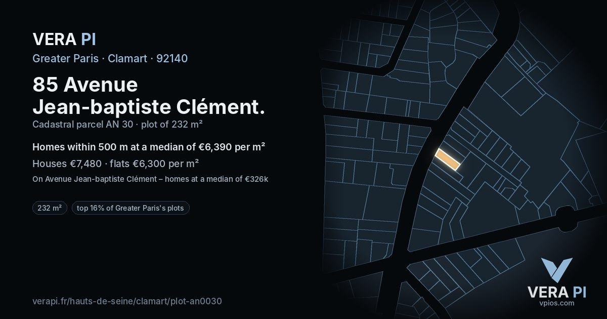85 Avenue Jean-baptiste Clément, Clamart at night – the plot lit, the parcels around coloured by the prices near them