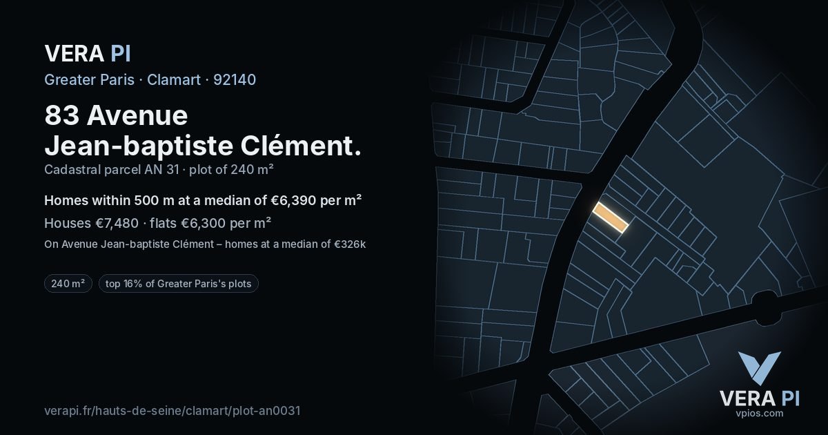 83 Avenue Jean-baptiste Clément, Clamart at night – the plot lit, the parcels around coloured by the prices near them