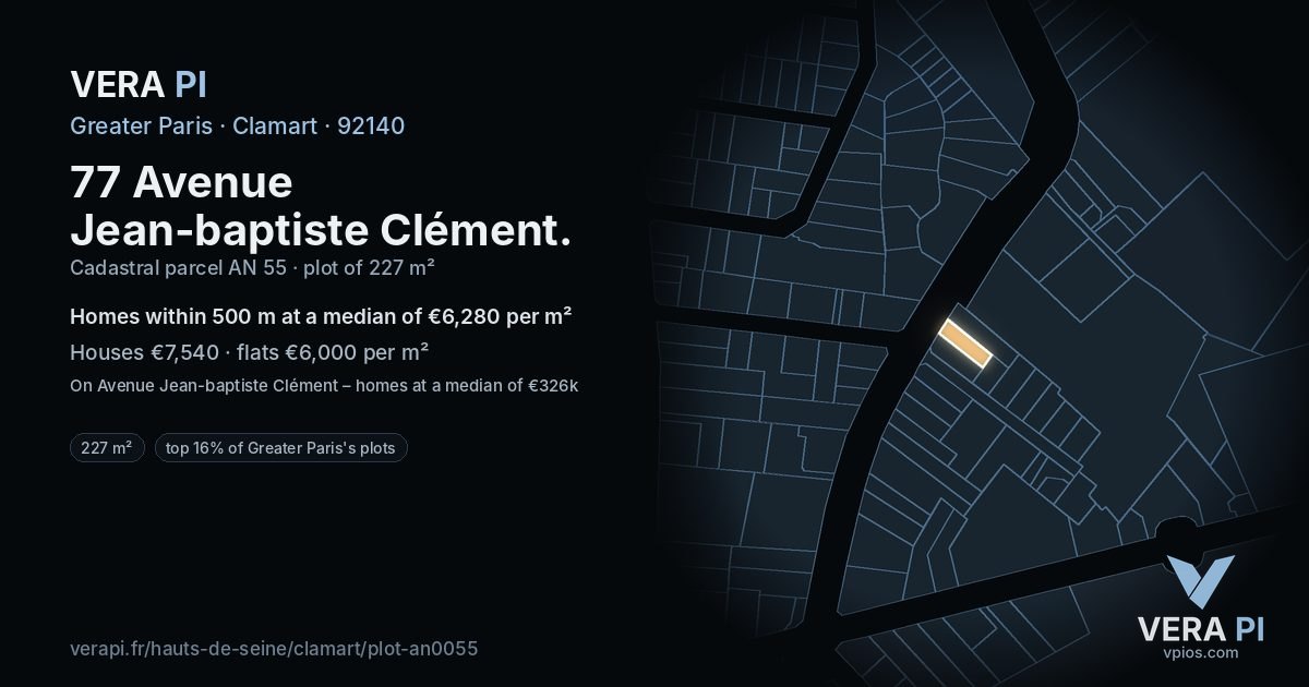 77 Avenue Jean-baptiste Clément, Clamart at night – the plot lit, the parcels around coloured by the prices near them