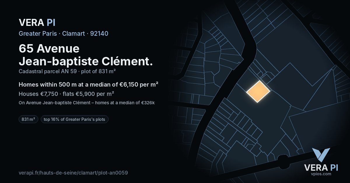 65 Avenue Jean-baptiste Clément, Clamart at night – the plot lit, the parcels around coloured by the prices near them