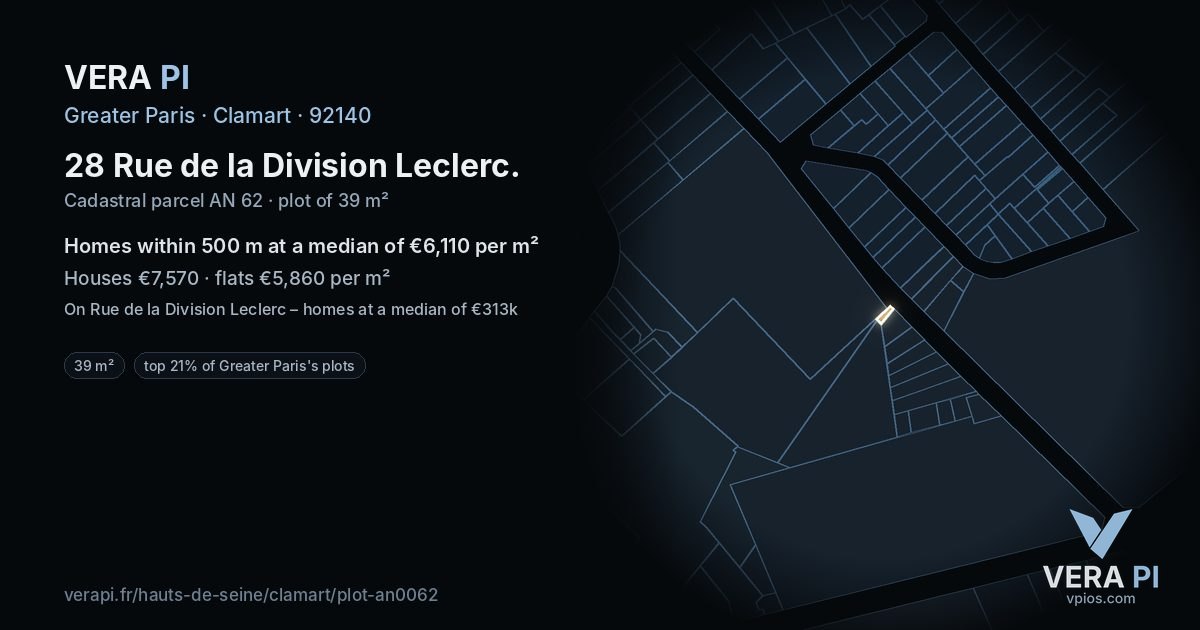 28 Rue de la Division Leclerc, Clamart at night – the plot lit, the parcels around coloured by the prices near them