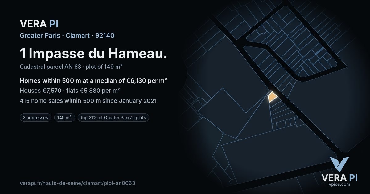 1 Impasse du Hameau, Clamart at night – the plot lit, the parcels around coloured by the prices near them