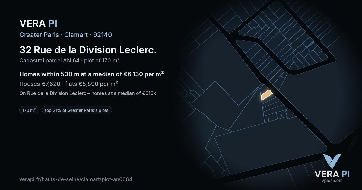 32 Rue de la Division Leclerc, Clamart at night – the plot lit, the parcels around coloured by the prices near them