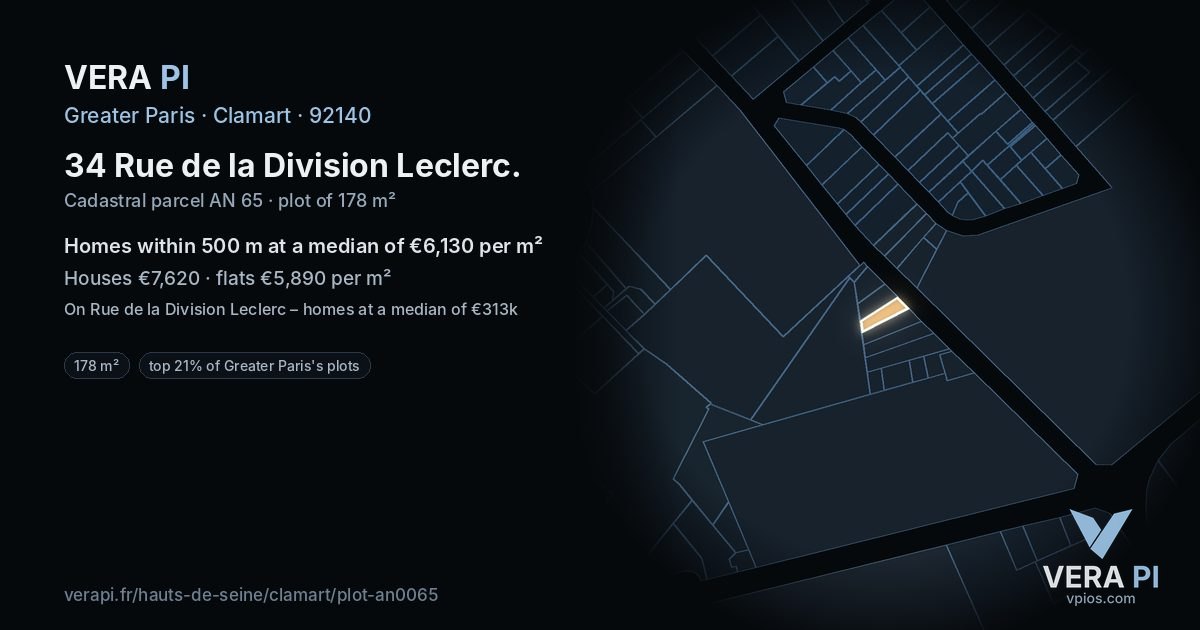 34 Rue de la Division Leclerc, Clamart at night – the plot lit, the parcels around coloured by the prices near them