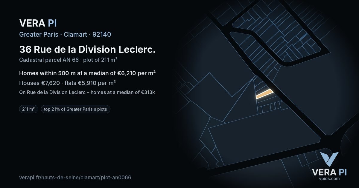 36 Rue de la Division Leclerc, Clamart at night – the plot lit, the parcels around coloured by the prices near them