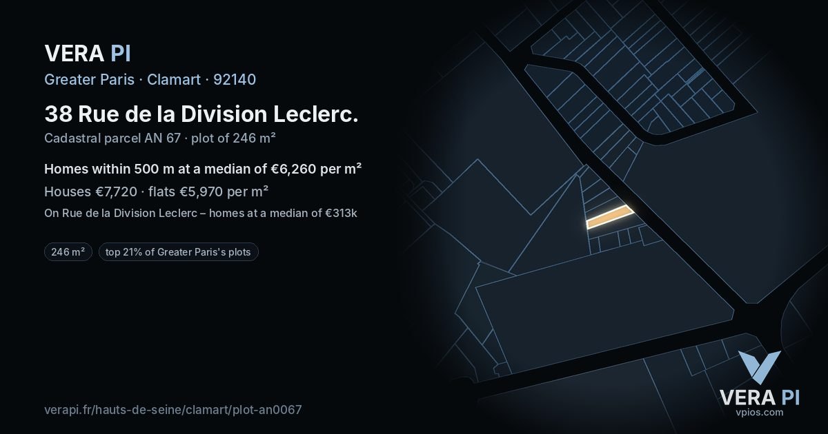 38 Rue de la Division Leclerc, Clamart at night – the plot lit, the parcels around coloured by the prices near them