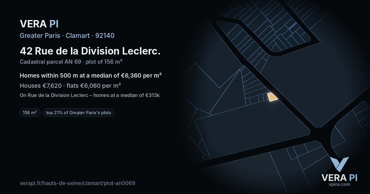 42 Rue de la Division Leclerc, Clamart at night – the plot lit, the parcels around coloured by the prices near them