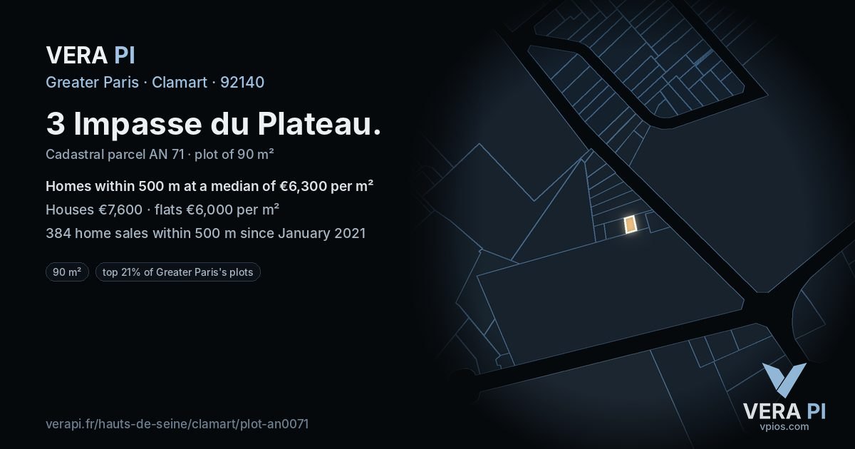 3 Impasse du Plateau, Clamart at night – the plot lit, the parcels around coloured by the prices near them