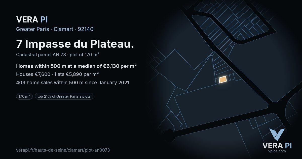7 Impasse du Plateau, Clamart at night – the plot lit, the parcels around coloured by the prices near them
