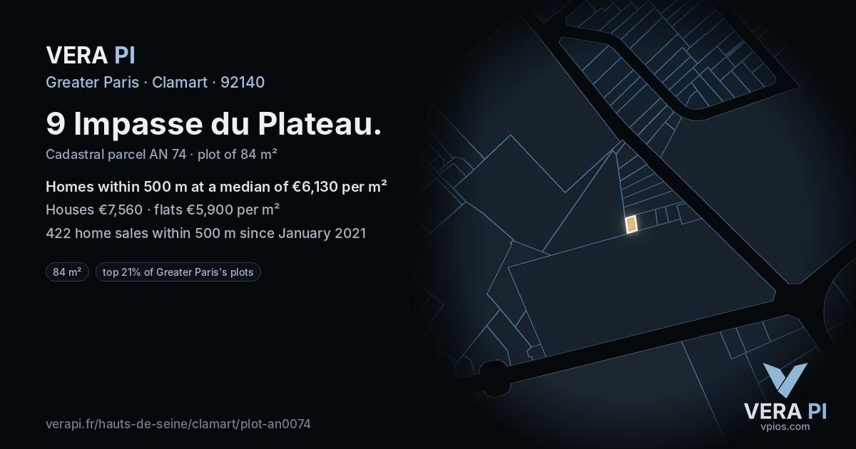 9 Impasse du Plateau, Clamart at night – the plot lit, the parcels around coloured by the prices near them