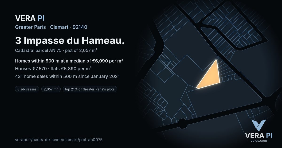 3 Impasse du Hameau, Clamart at night – the plot lit, the parcels around coloured by the prices near them