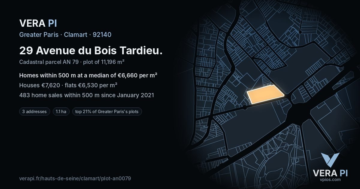 29 Avenue du Bois Tardieu, Clamart at night – the plot lit, the parcels around coloured by the prices near them