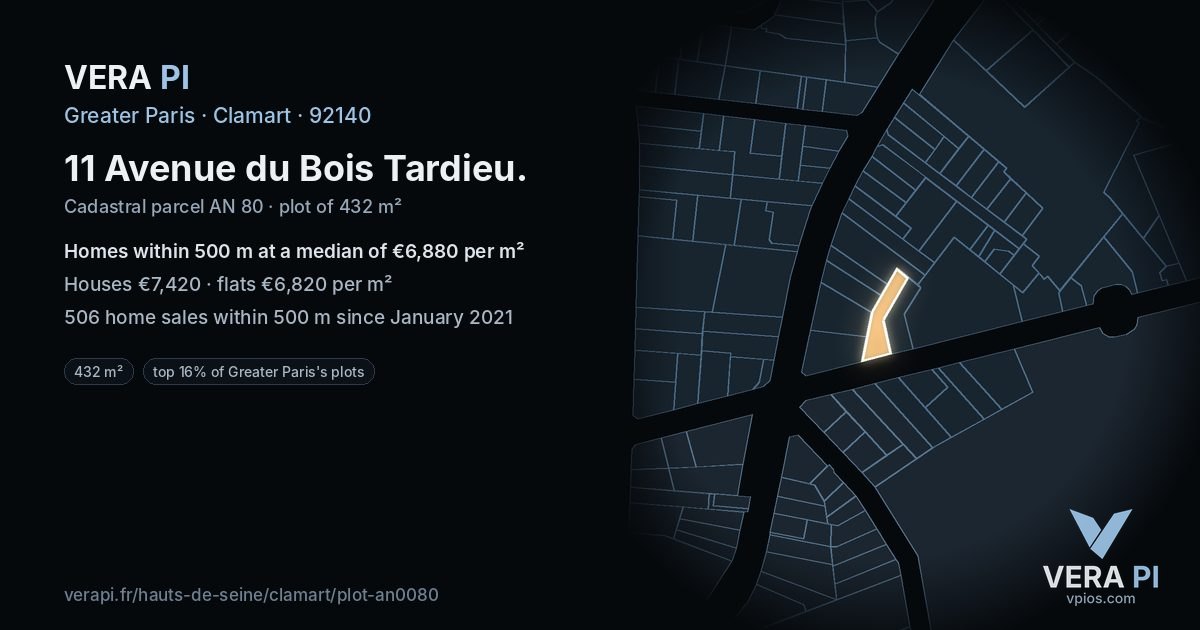 11 Avenue du Bois Tardieu, Clamart at night – the plot lit, the parcels around coloured by the prices near them