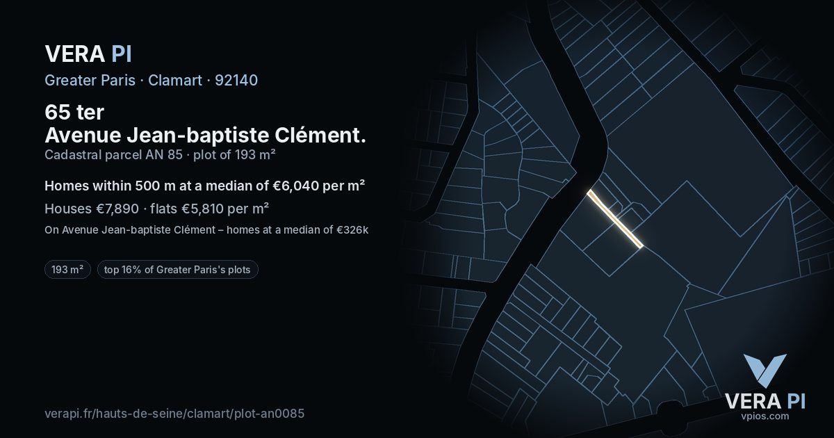65 ter Avenue Jean-baptiste Clément, Clamart at night – the plot lit, the parcels around coloured by the prices near them