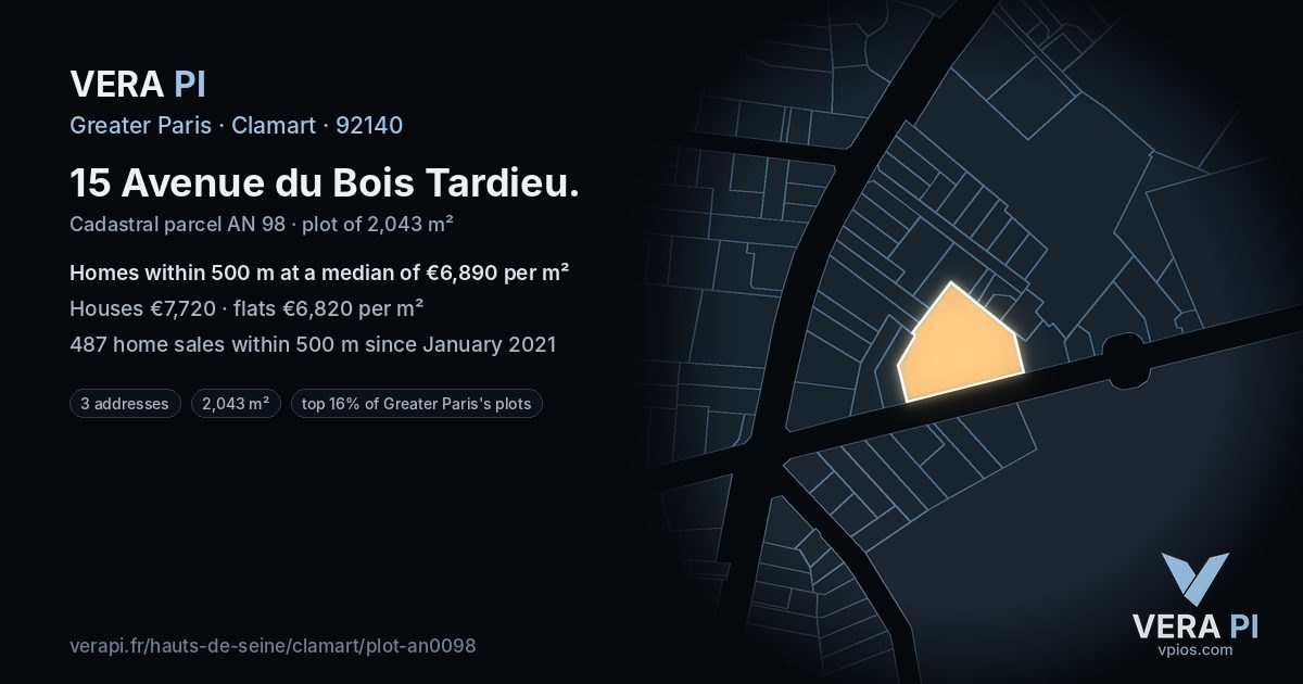 15 Avenue du Bois Tardieu, Clamart at night – the plot lit, the parcels around coloured by the prices near them