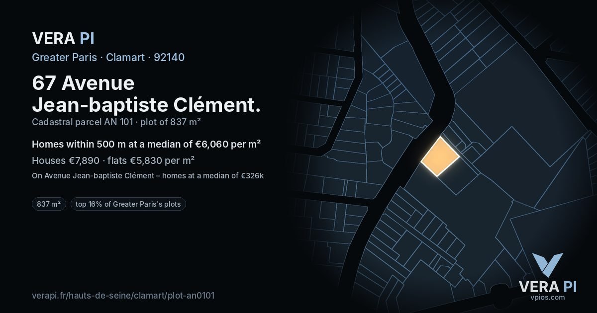 67 Avenue Jean-baptiste Clément, Clamart at night – the plot lit, the parcels around coloured by the prices near them