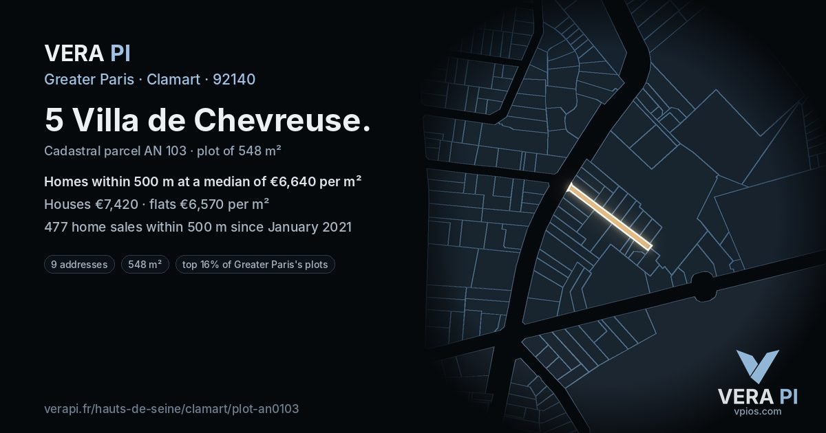 5 Villa de Chevreuse, Clamart at night – the plot lit, the parcels around coloured by the prices near them