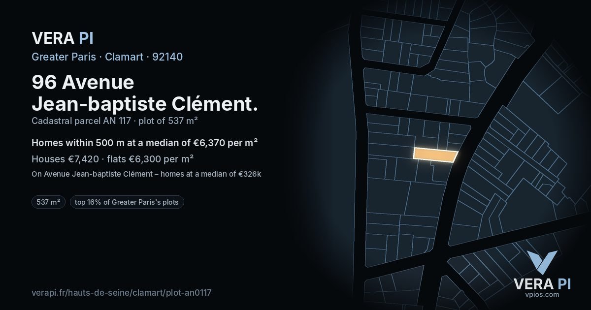 96 Avenue Jean-baptiste Clément, Clamart at night – the plot lit, the parcels around coloured by the prices near them