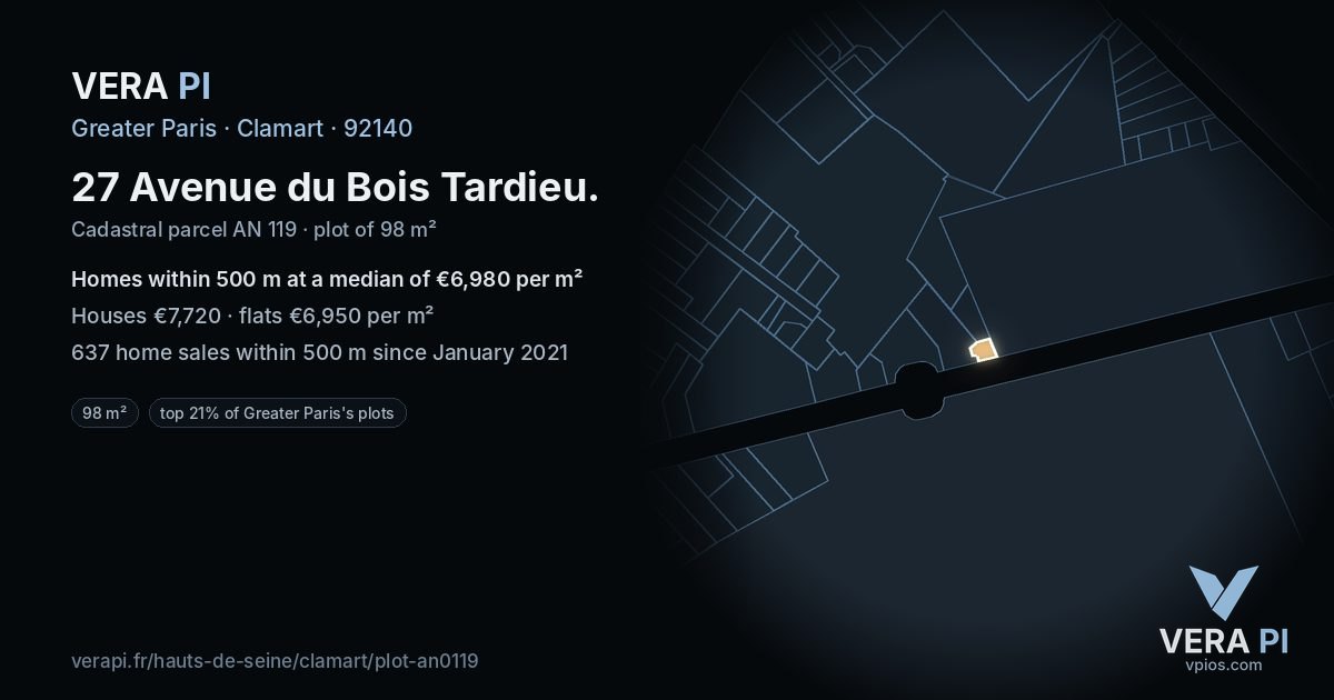 27 Avenue du Bois Tardieu, Clamart at night – the plot lit, the parcels around coloured by the prices near them