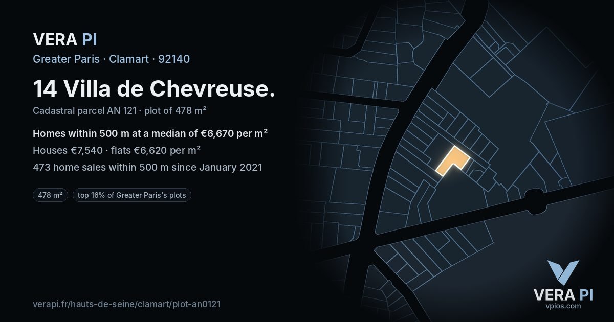 14 Villa de Chevreuse, Clamart at night – the plot lit, the parcels around coloured by the prices near them