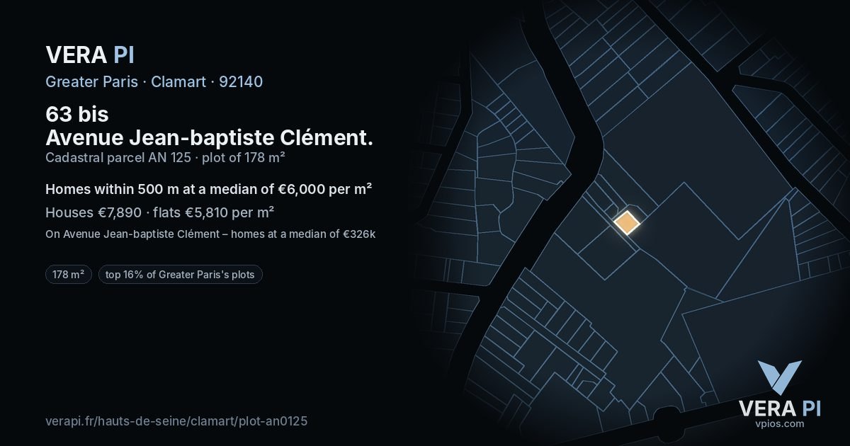 63 bis Avenue Jean-baptiste Clément, Clamart at night – the plot lit, the parcels around coloured by the prices near them
