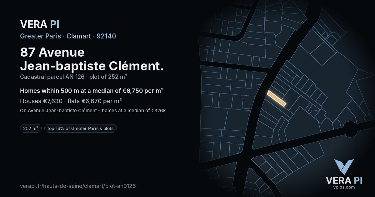 87 Avenue Jean-baptiste Clément, Clamart at night – the plot lit, the parcels around coloured by the prices near them