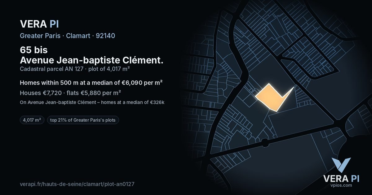 65 bis Avenue Jean-baptiste Clément, Clamart at night – the plot lit, the parcels around coloured by the prices near them