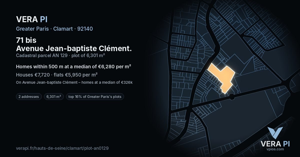 71 bis Avenue Jean-baptiste Clément, Clamart at night – the plot lit, the parcels around coloured by the prices near them