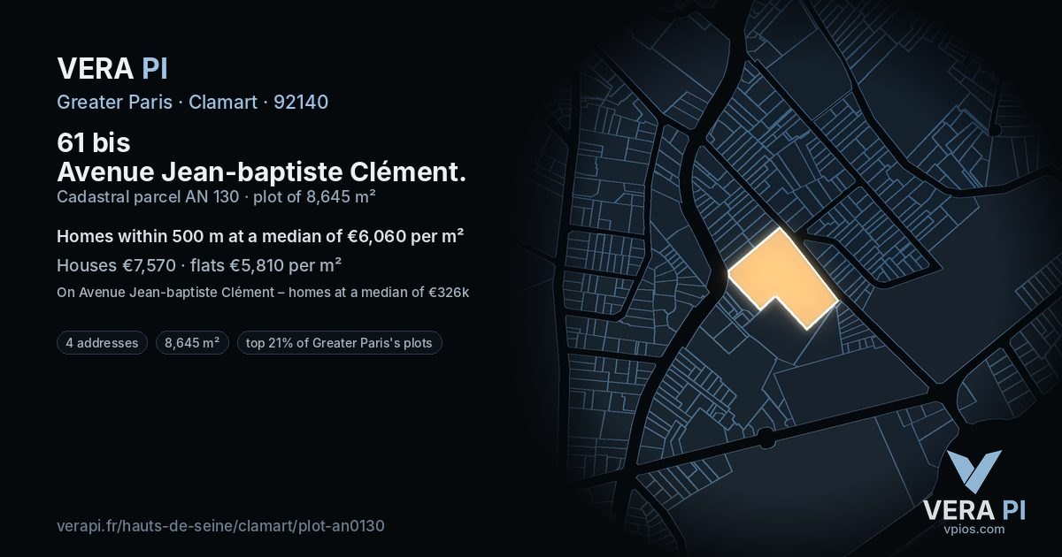 61 bis Avenue Jean-baptiste Clément, Clamart at night – the plot lit, the parcels around coloured by the prices near them