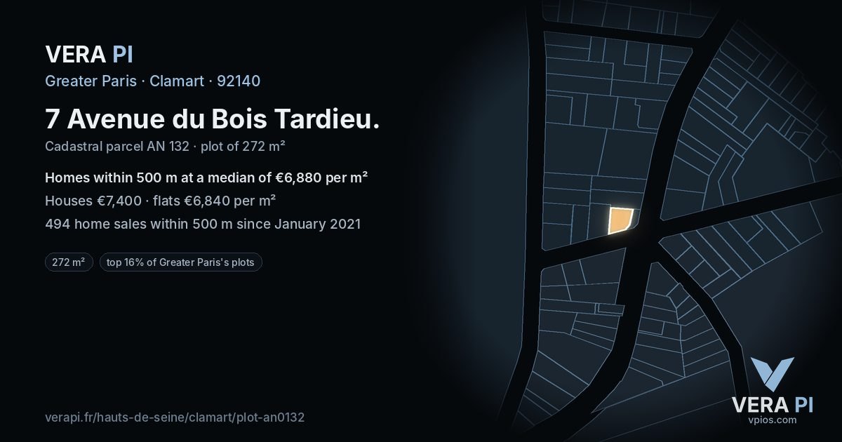 7 Avenue du Bois Tardieu, Clamart at night – the plot lit, the parcels around coloured by the prices near them