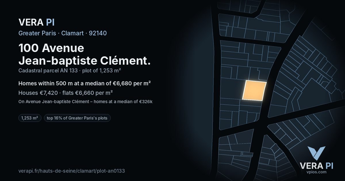 100 Avenue Jean-baptiste Clément, Clamart at night – the plot lit, the parcels around coloured by the prices near them
