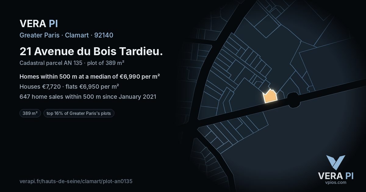 21 Avenue du Bois Tardieu, Clamart at night – the plot lit, the parcels around coloured by the prices near them