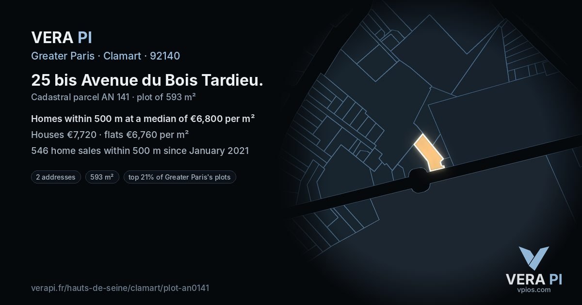 25 bis Avenue du Bois Tardieu, Clamart at night – the plot lit, the parcels around coloured by the prices near them